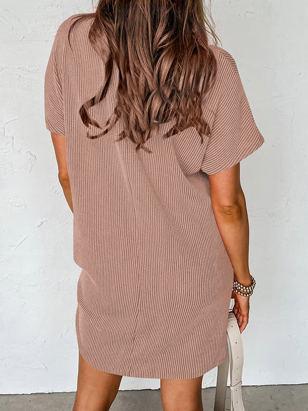 Contrast Color Pockets Split-Joint Striped A-Line Loose Round-Neck Mini Dresses