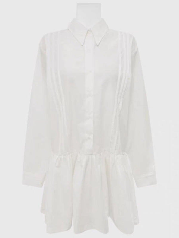 Buttoned Pleated Solid Color A-Line Long Sleeves Lapel Shirt Dress Mini Dresses