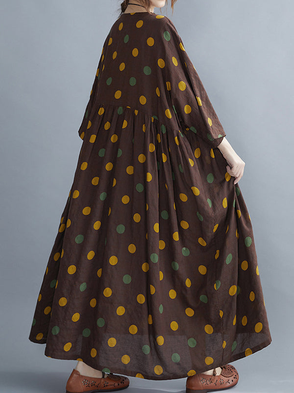 Artistic Retro Vintage Polka-Dot Loose Pleated Midi Dress