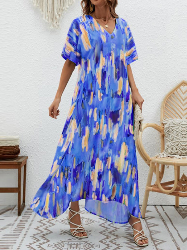 Contrast Color High-Waisted Printed Loose Short Sleeves V-neck Maxi Dresses
