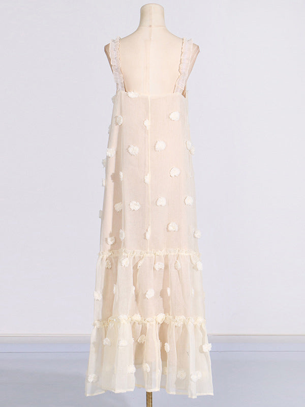 Layered Pleated Split-Joint Three-Dimensional Flower A-Line High Waisted Spaghetti-Neck Maxi Dresses