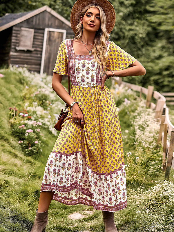 Bohemia Flared Sleeves Loose Floral Printed U-Neck Maxi Dress