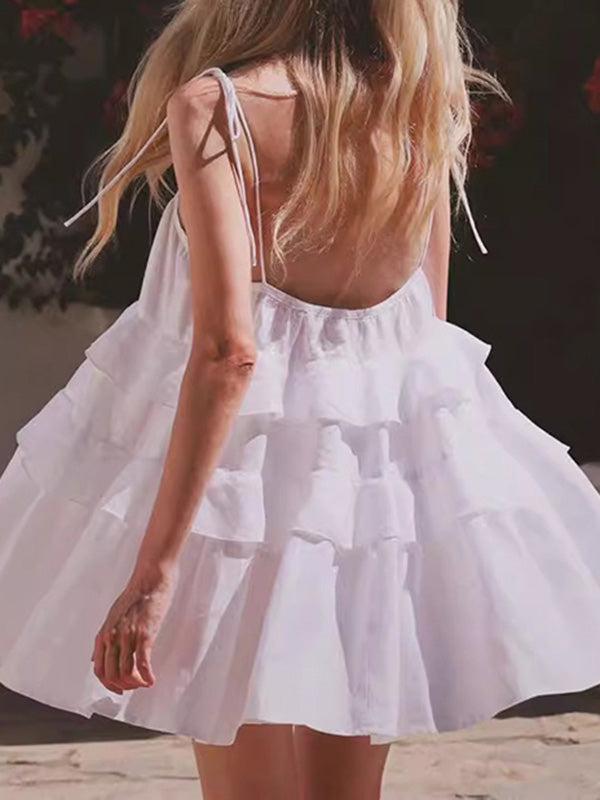 Backless Layered Pleated Solid Color A-Line High Waisted Spaghetti-Neck Mini Dresses