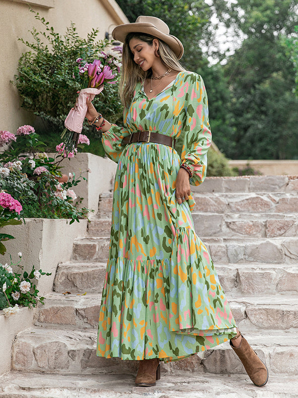 Vacation A-Line Floral Printed V-Neck Maxi Dress