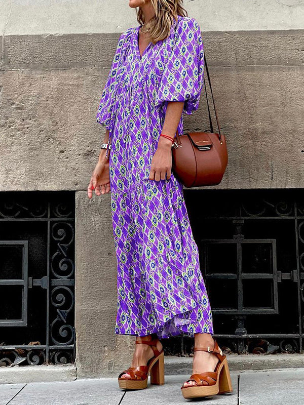 Bohemia Puff Sleeves Plaid V-Neck Dress