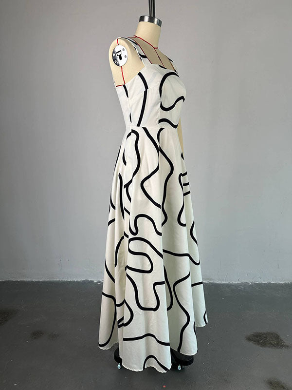 Pockets Printed Split-Joint A-Line High Waisted Spaghetti-Neck Maxi Dresses