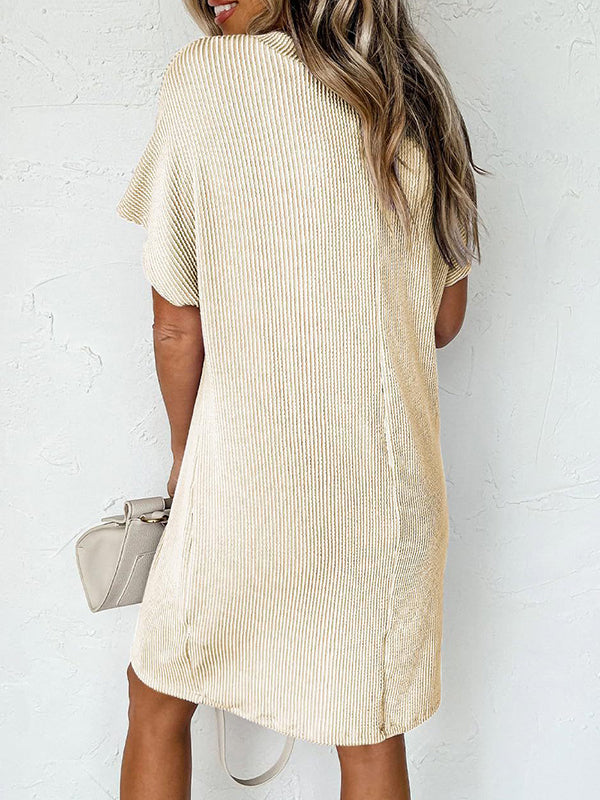 Contrast Color Pockets Split-Joint Striped A-Line Loose Round-Neck Mini Dresses