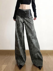 Low Waist Tie Dye Panel Faux Leather Wide Leg Pants