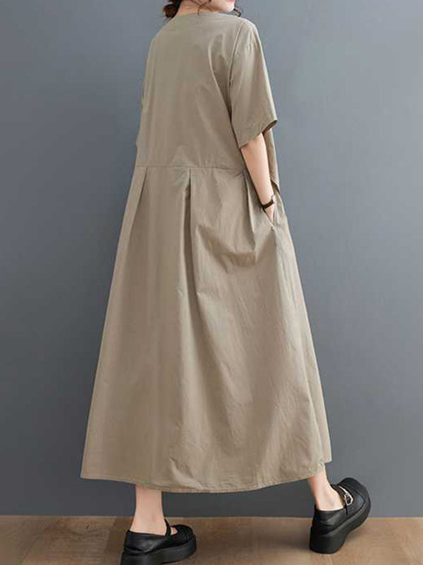 Pleated Solid Color Split-Joint Loose Short Sleeves V-Neck Midi Dresses