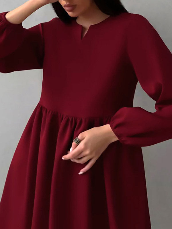 Elasticity Pleated Solid Color Split-Joint Loose Puff Sleeves Round-Neck Mini Dresses