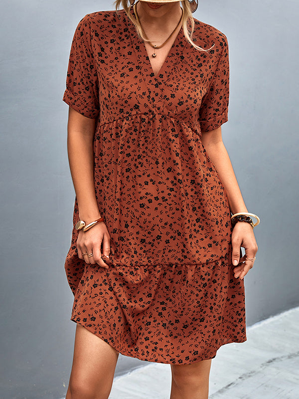 Flower Print Split-Joint Short Sleeves V-Neck Mini Dresses