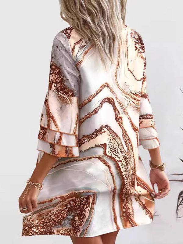 Layered Printed Split-Joint A-Line Flared Sleeves V-Neck Mini Dresses