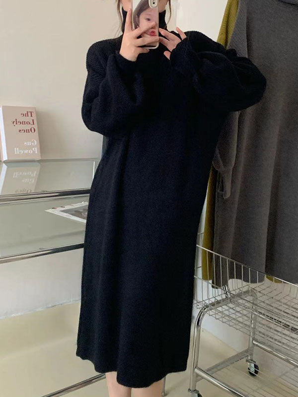 Solid Color Long Sleeves Loose High Neck Sweater Dresses Midi Dresses