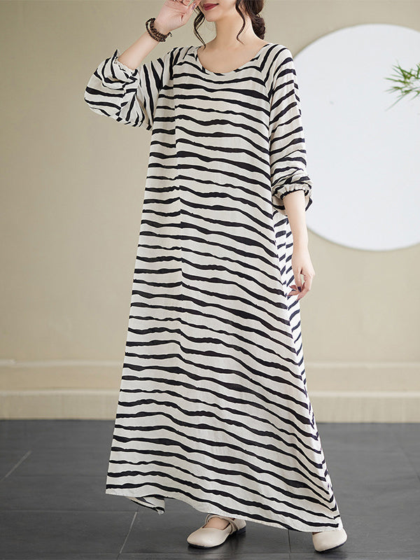Contrast Color Elasticity Striped A-Line Long Sleeves Round-Neck Maxi Dresses
