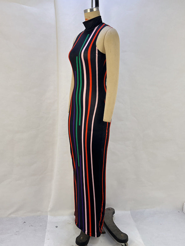 Contrast Color Printed Bodycon High Waisted High Neck Midi Dresses