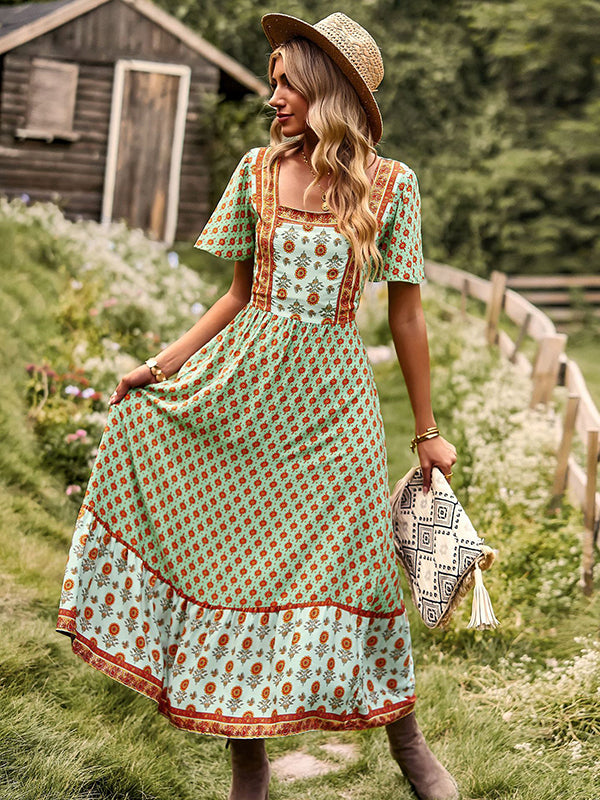 Bohemia Flared Sleeves Loose Floral Printed U-Neck Maxi Dress