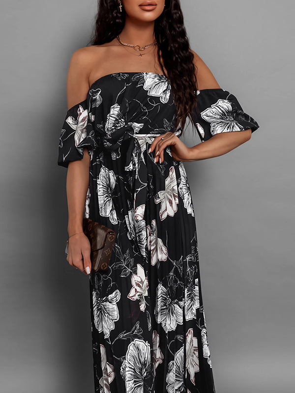 Elasticity Flower Print Pleated Split-Joint Tied Waist A-Line Loose Off-The-Shoulder Maxi Dresses