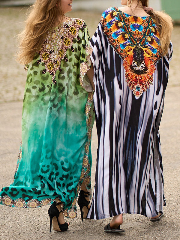 Printed Split-side Striped Batwing Sleeves Loose V-neck Maxi Dresses Beach Cover-Up