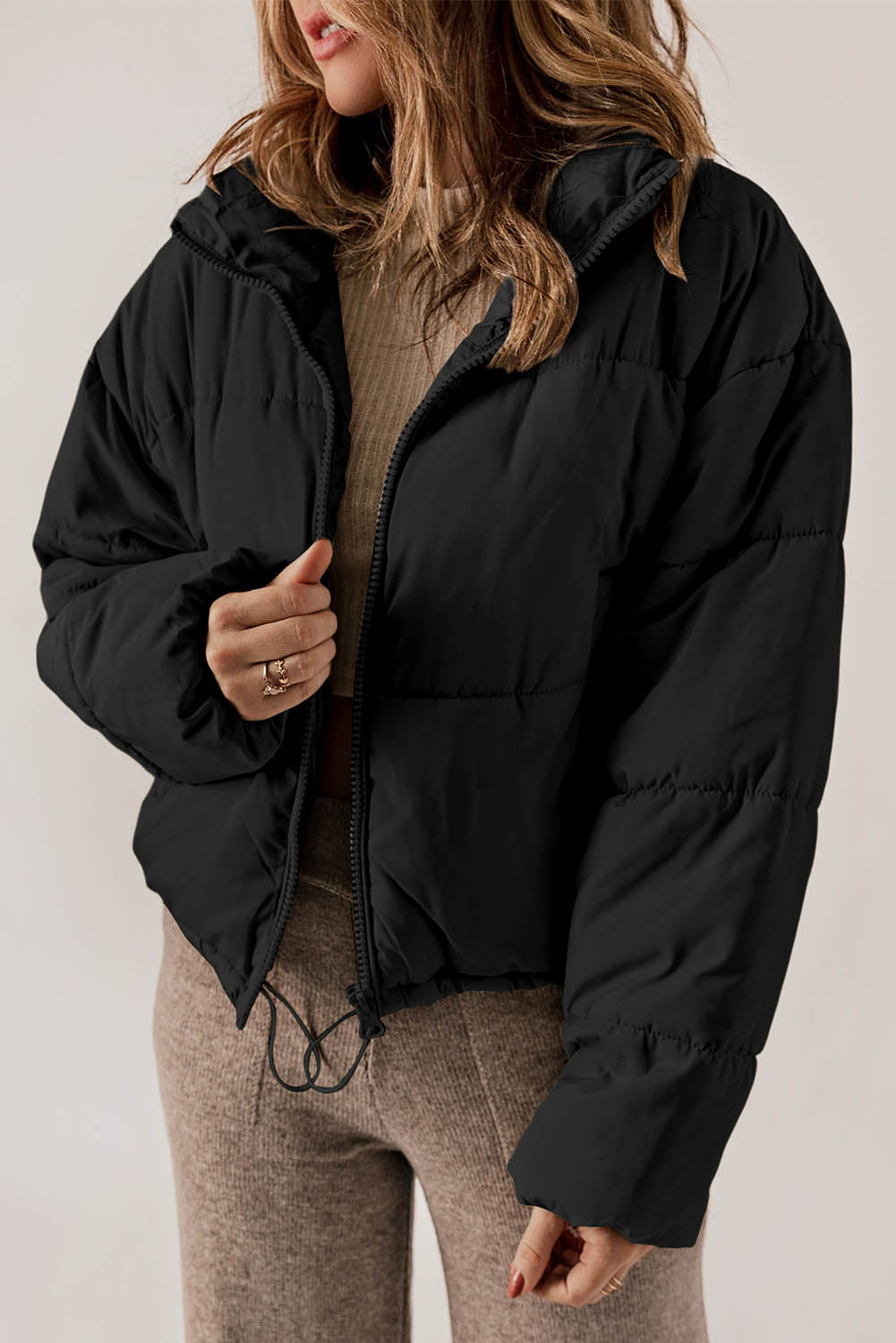 Zip Up Drawstring  Puffer Coat