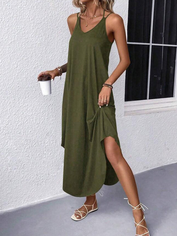 Solid Color Loose Plus Size Spaghetti-Neck Maxi Dresses