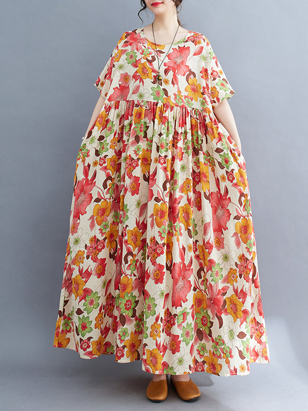 Pleated Printed Split-Joint Loose Short Sleeves Round-Neck Midi Dresses