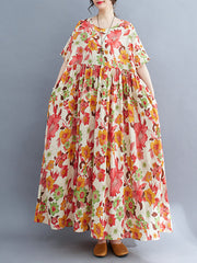 Pleated Printed Split-Joint Loose Short Sleeves Round-Neck Midi Dresses