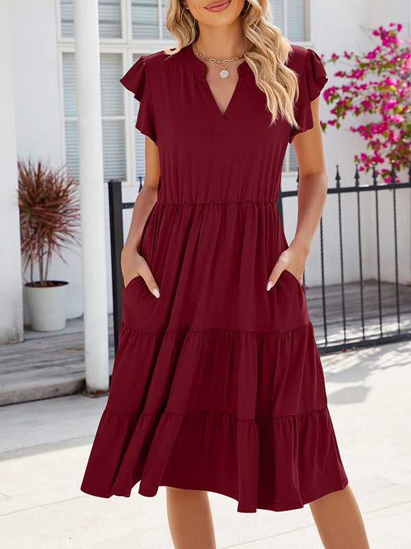 Pleated Pockets Solid Color Split-Joint Loose Ruffle Sleeves V-Neck Midi Dresses