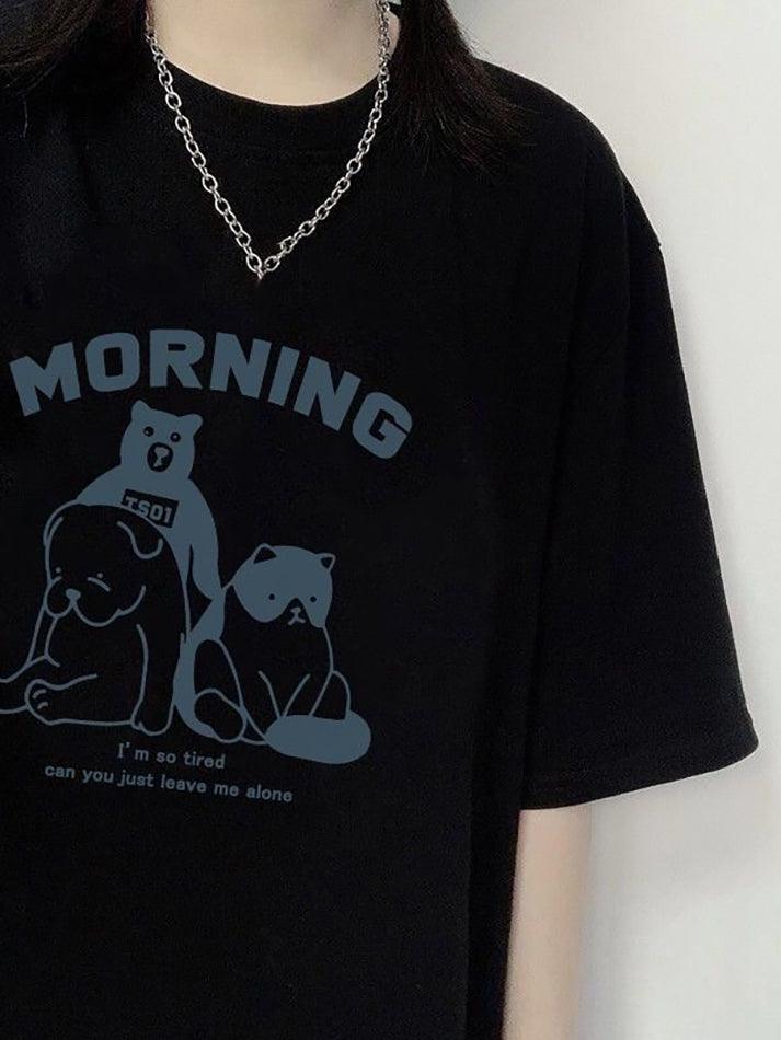 Short Sleeve Animal & Lettering Print Loose-Fit Top