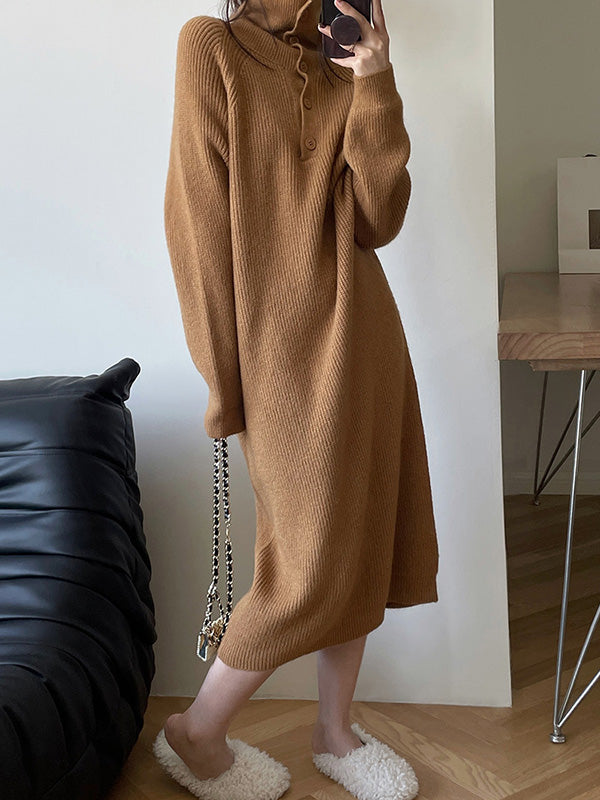 Simple Long Sleeves Loose Buttoned Solid Color High-Neck Sweater Dresses