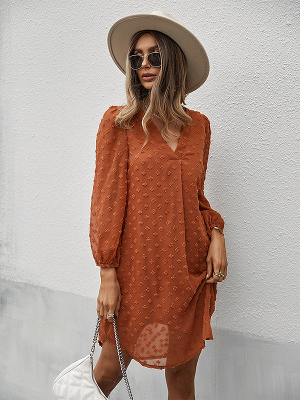 Vacation Loose Solid Color V-Neck Dress