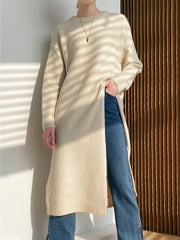 Loose Split-Side Solid Color Round-Neck Knitting Sweater Dresses