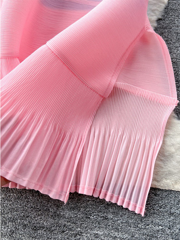 Belted Contrast Color Pleated Flared Sleeves Loose Midi Dresses