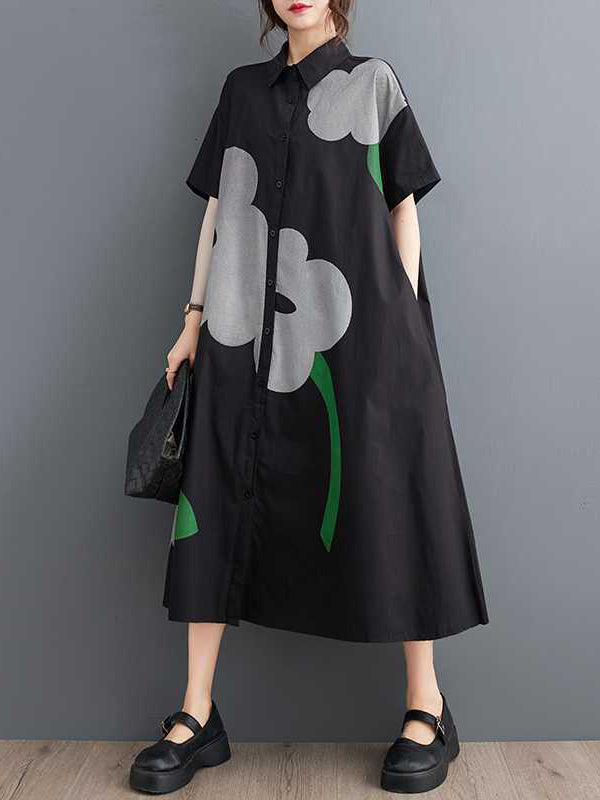Buttoned Floral Printed Loose Short Sleeves Lapel Collar Midi Dresses