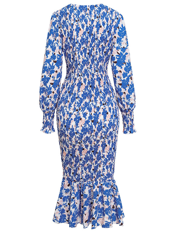 Bohemia Loose Puff Sleeves Floral Printed V-Neck Dress