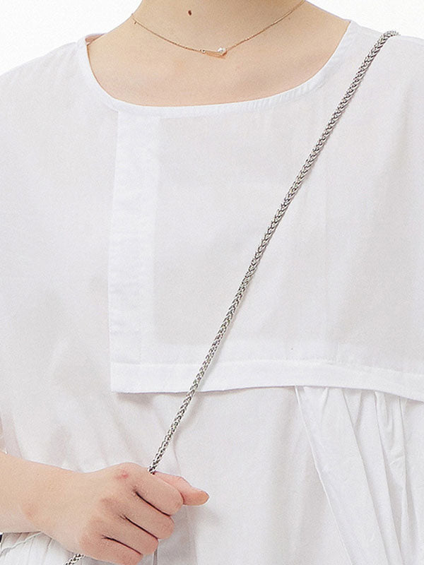 Solid Color Streamer Loose Short Sleeves Round-neck Midi Dresses
