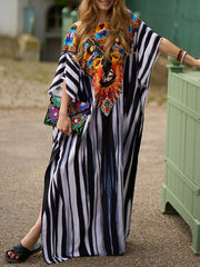 Printed Split-side Striped Batwing Sleeves Loose V-neck Maxi Dresses Beach Cover-Up