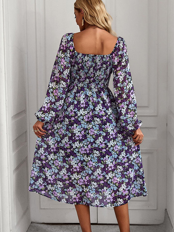 Vacation Loose Long Sleeves Floral Printed U-Neck Midi Dress