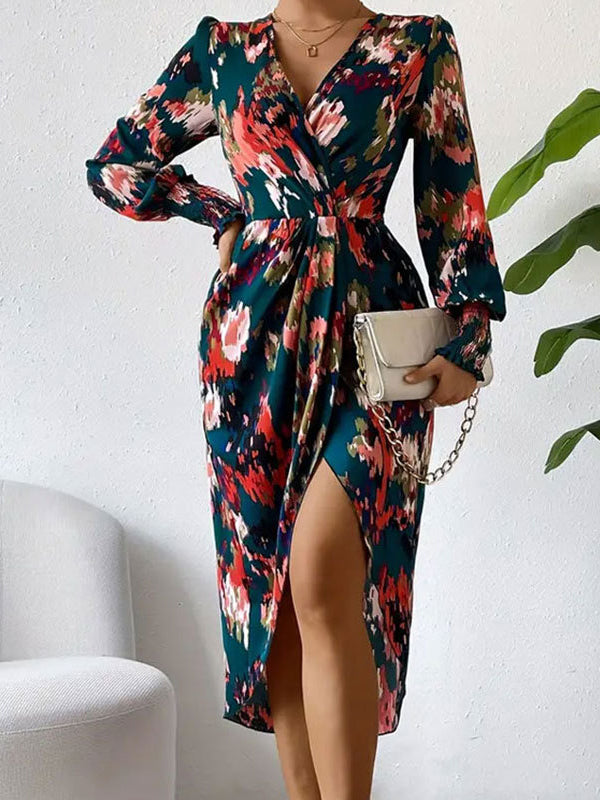 Elasticity Floral Printed Long Sleeves Loose V-Neck Shirt Dress Midi Dresses