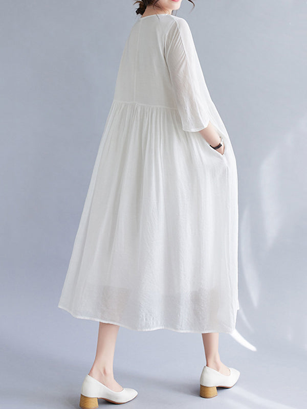 Pleated See-Through Solid Color Split-Joint Loose Short Sleeves Round-Neck Midi Dresses