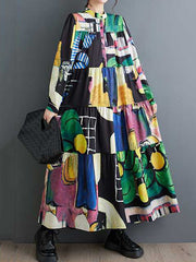 Buttoned Printed Split-Joint Long Sleeves Loose Round-Neck Midi Dresses