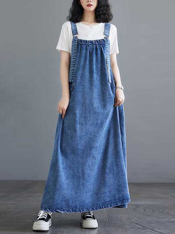 Pleated Pockets Split-Joint A-Line Loose Spaghetti-Neck Suspender Dress Maxi Dresses