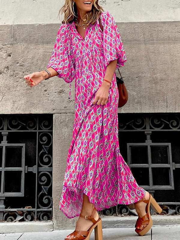 Bohemia Puff Sleeves Plaid V-Neck Dress