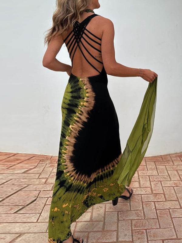 Tie-Dye Printed Sleeveless V-Neck Bohemia Maxi Dresses