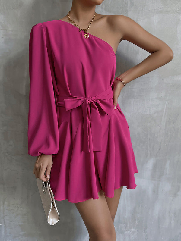 Vacation High Waisted Lace-Up One-Shoulder Mini Dress