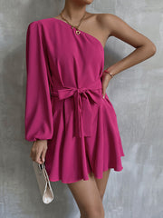 Vacation High Waisted Lace-Up One-Shoulder Mini Dress