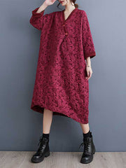 Asymmetric Buttoned Jacquard A-line Half Sleeves V-neck Midi Dresses