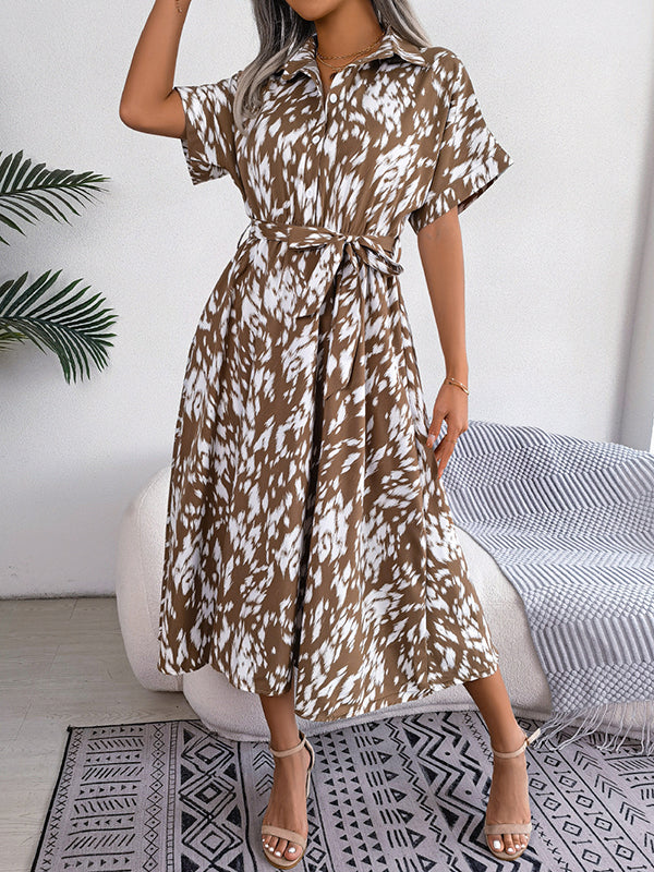 Leopard Ribbed Loose Short Sleeves Lapel Midi Dresses