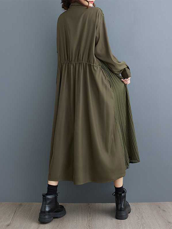 Buttoned Pleated Pockets Split-Joint A-Line Long Sleeves Lapel Shirt Dress Midi Dresses