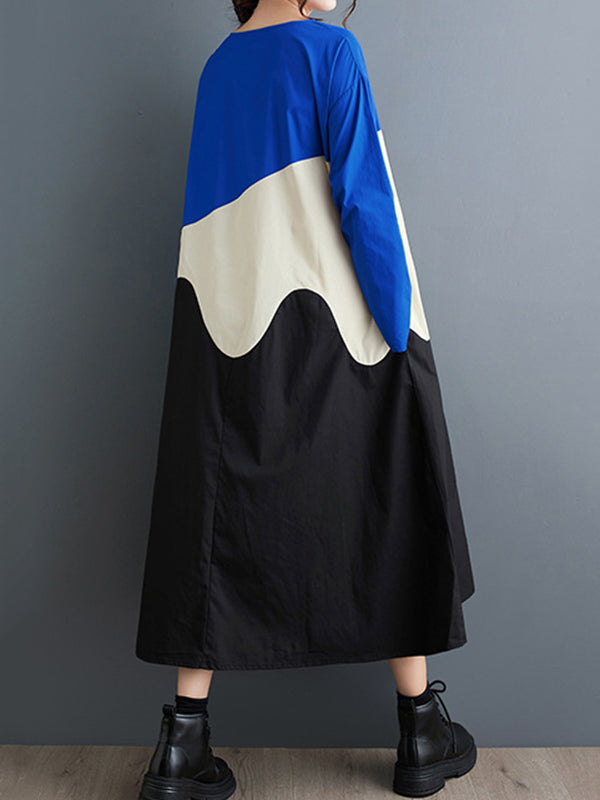Asymmetric Contrast Color Split-Joint A-Line Long Sleeves Round-Neck Midi Dresses