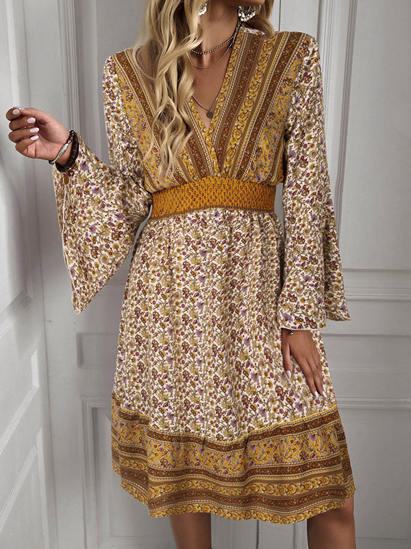 Bohemia High Waisted Long Sleeves Floral Printed V-Neck Maxi Dress